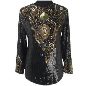 Vintage Beaded Sequin Blouse Black Gold Green NYE Party Top Medium